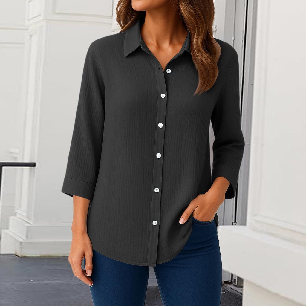 Womens Button Down Shirts 3/4 Sleeve Casual Collared Shirt Loose Blouses Solid Color Tops With Pocket