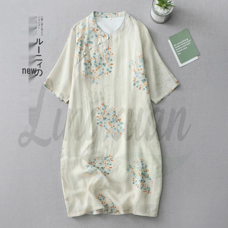 Chinese Style Fresh Age-Reducing Qipao Dress: Stand Collar, Diagonal Placket, Slim-Fit, Mid-Sleeve, Summer Cotton-Linen Blend for Women.