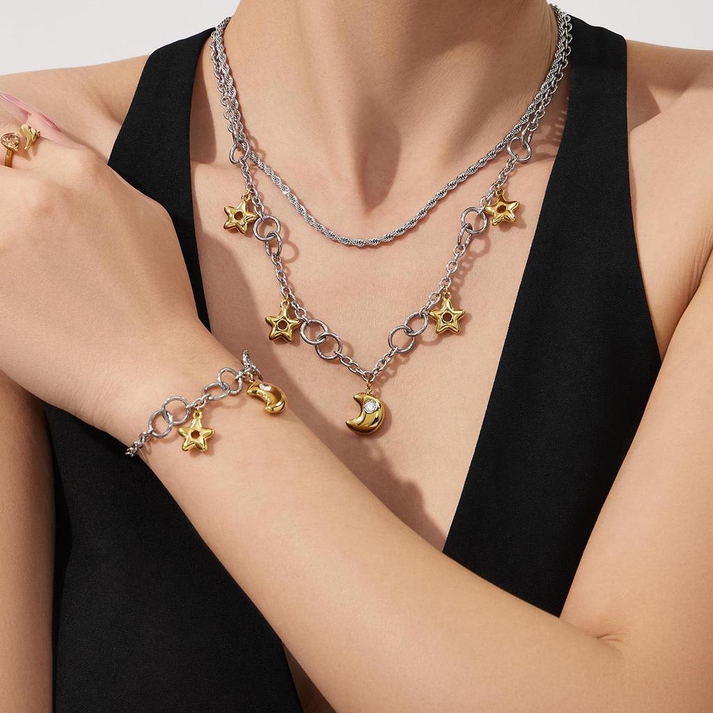 Exquisite Fairy Star & Moon Pendant Necklace Bracelet, Two-Color Electroplated Stainless Steel Clavicle Chain