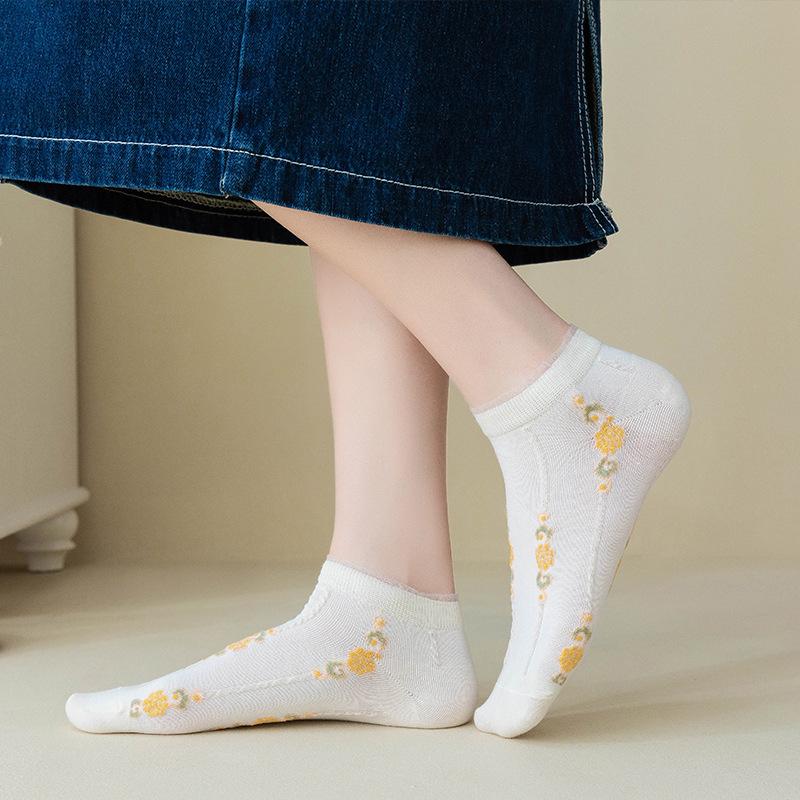 Women's No-Show Socks Summer Thin Low-Cut Socks 5 Pairs Floral Design