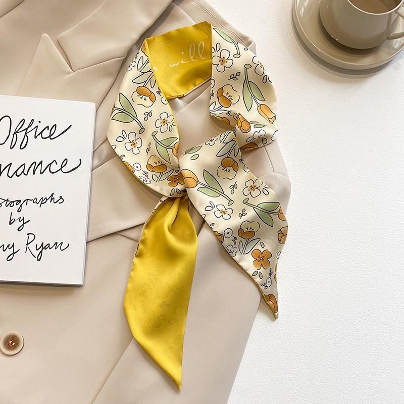 Yellow Floral Satin Hair Ribbon Women Hairband Retro Temperament Floral Print Girls Hairband Headwear Fashion Accessory Scarf