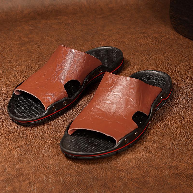 

Man Footwear Sandals Summer Pu Leather Mixed Colour Slippers Flat Outdoor Anti Slip on Slippers Men s Beach Shoes Big Size 46 47 40 темно-коричневого кольору