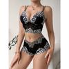 [Floral Lace Bralette Bra Set] Two-Tone Floral Lace Bralette Bra Set, V Neck Skinny Halter Hollow Top & Briefs, Women's Daily Comfort Underwear