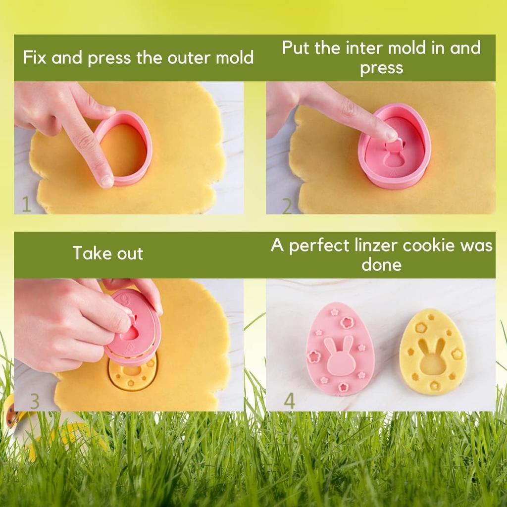 Easter Cookie Cutters Set, 9 Pieces 3D Plastic Easter Eggs Stamp Molds Linzer Cookie Cutters for Easter Party Supplies Decorations