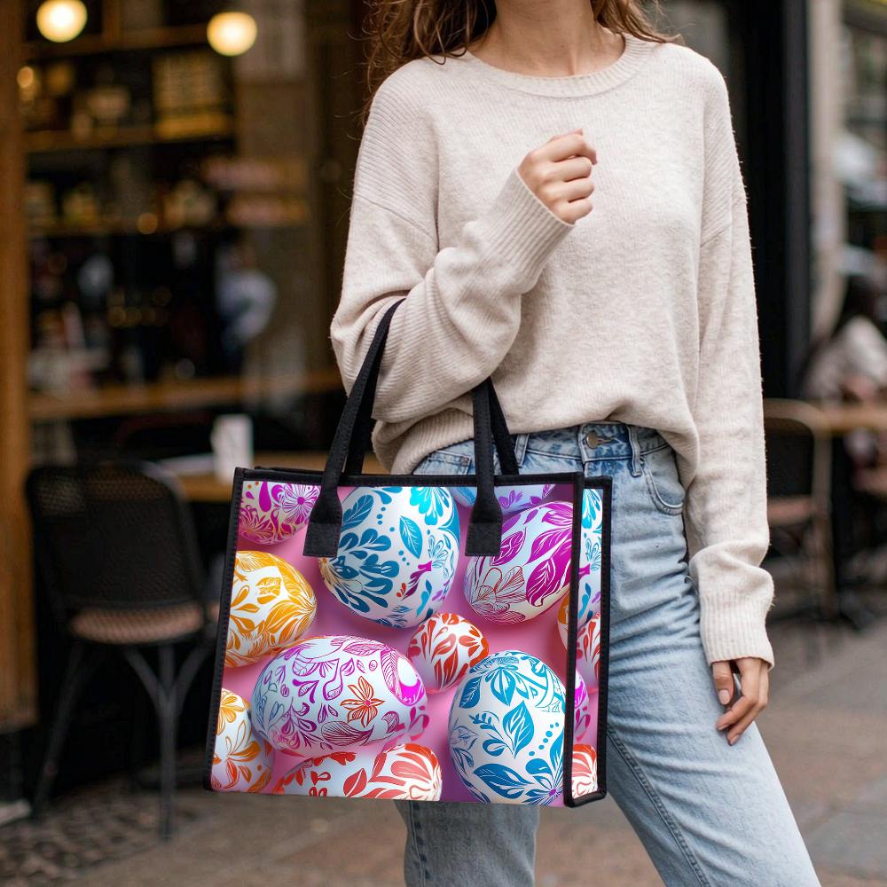 Easter Egg Pattern Tote Bag Fashionable Portable Handbag for Daily Use Shopping