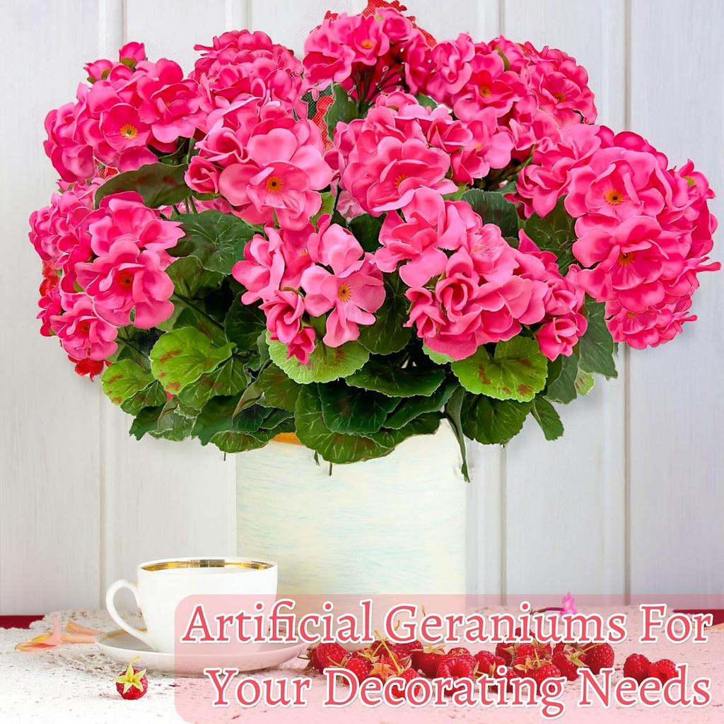 Artificial Geraniums Flowers for Outdoors Summer Decor, 4 Bundles UV Resistant Fake Geraniums Flowers Silk Faux Plants for Home Planter Gardens Table