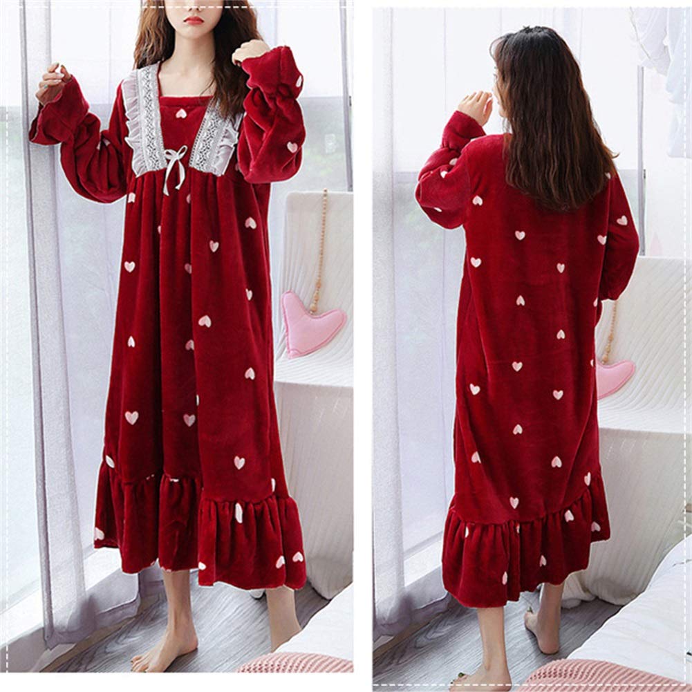 Guoyupika Princess and Plus Size Women's Long-Sleeved Nightgown, Lace, Warm, Fluffy, Cute, (Wine, 5XL)