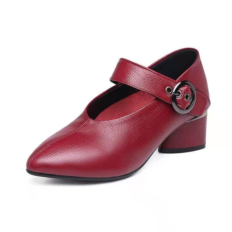 Fashion FHC Autumn Soft Leather Shoes Woman,Mum's Mid Heels,Women Pumps,Comfortable,Pointed Toe, Female Footware,Black,Red,Dropship