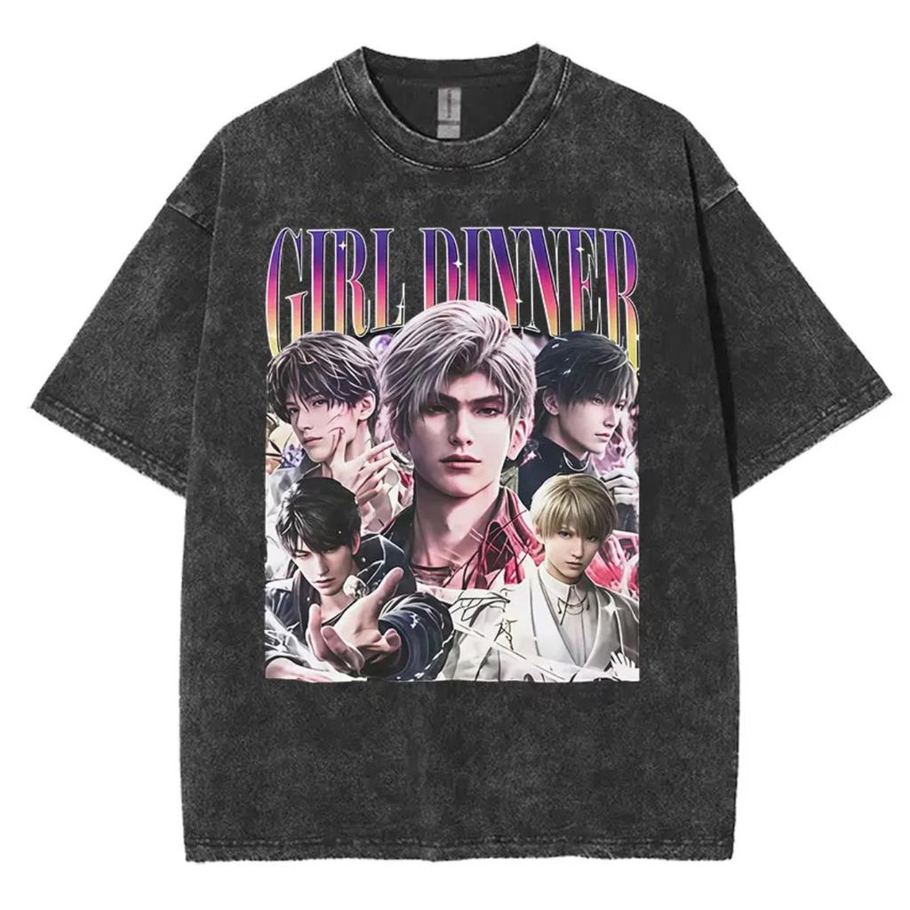 Funny Girl Dinner Caleb Graphic Print T-Shirt Men Women Love and Deepspace Cotton Fashion High-street Vintage Washed Cotton Loose Casual Oversized Tee