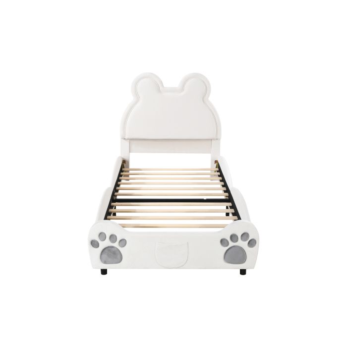 Upholstered Bed Beautiful Children's Bed, 90 X 200 Cm, Bear Shape. Simple Bed In Soft Velvet for the Skin, White