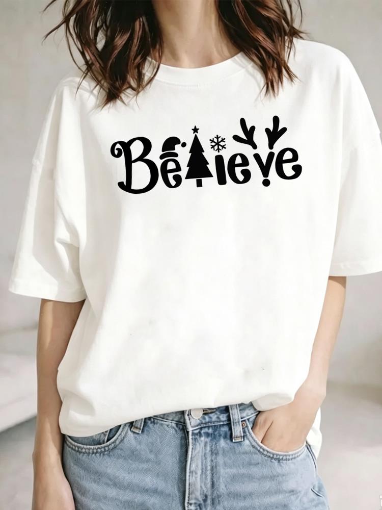 (Asian Size) Christmas Festival Tee Top New Year tree letter cute Clothing T Shirt Women Fashion Print Female Woman Short Sleeve Graphic T-shirts