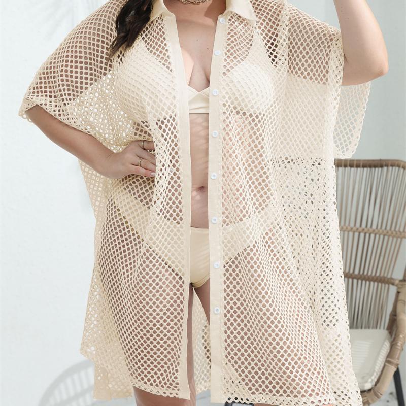 Aesthetic Casual Plus Size Mesh Patchwork Dress Women Fashion Design Loose Short Sleeve Dresses Female Summer Chic Hollow Out Lapel Clothing Lady
