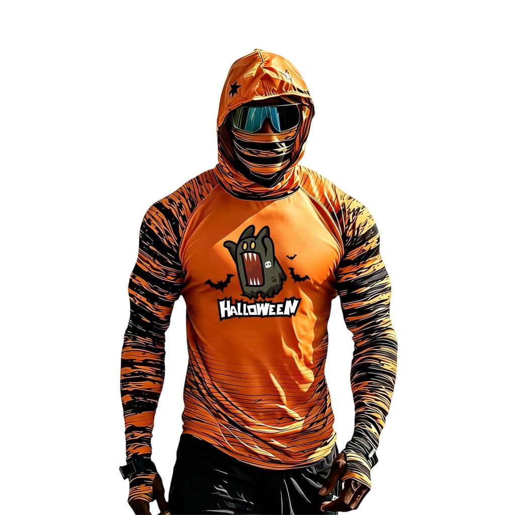 Men's Casual Hooded Long Sleeve Raglan Color-Block Sun Top with Halloween Print (Without Glasses)