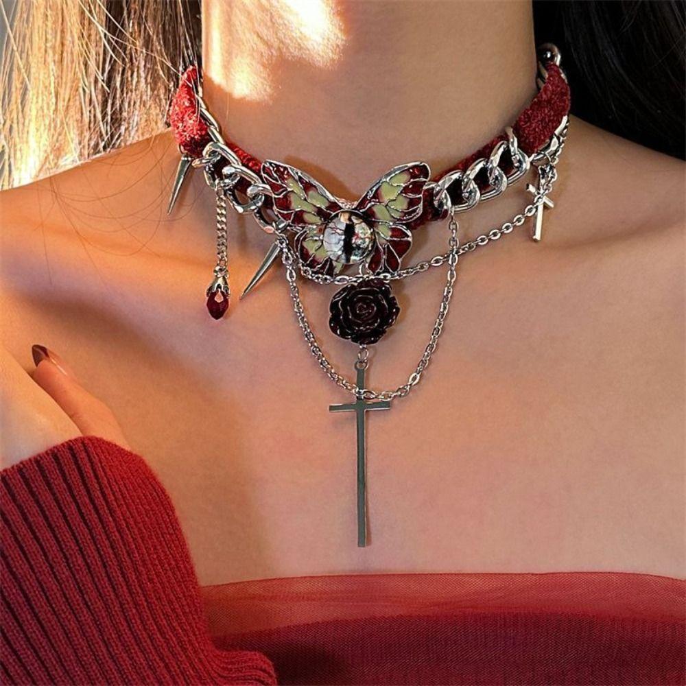 Eyes Y2K Velvet Necklace Gothic Style Tassel Beaded Necklace Vintage Butterfly Rose Choker Club