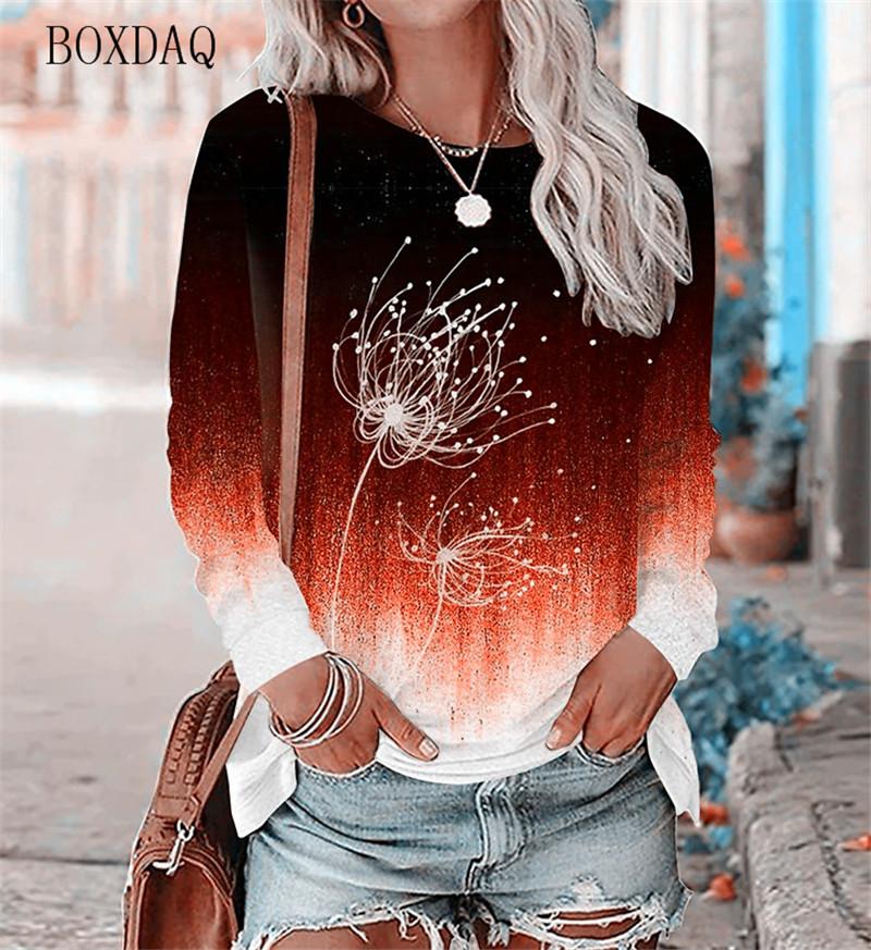 Dandelion Pattern Women's T-shirt Spring and Autumn Long Sleeve Gradient Round Neck Top