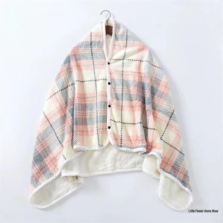 Double-Layer Fleece Shawl Blanket with Buckle - Warm, Multifunctional Office Blanket for Women