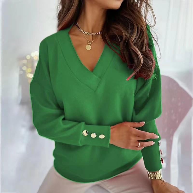 Long Sleeve Knitted Women Sweater V Neck Jumper Office Lady Button Loose Casual Pullover Sweaters