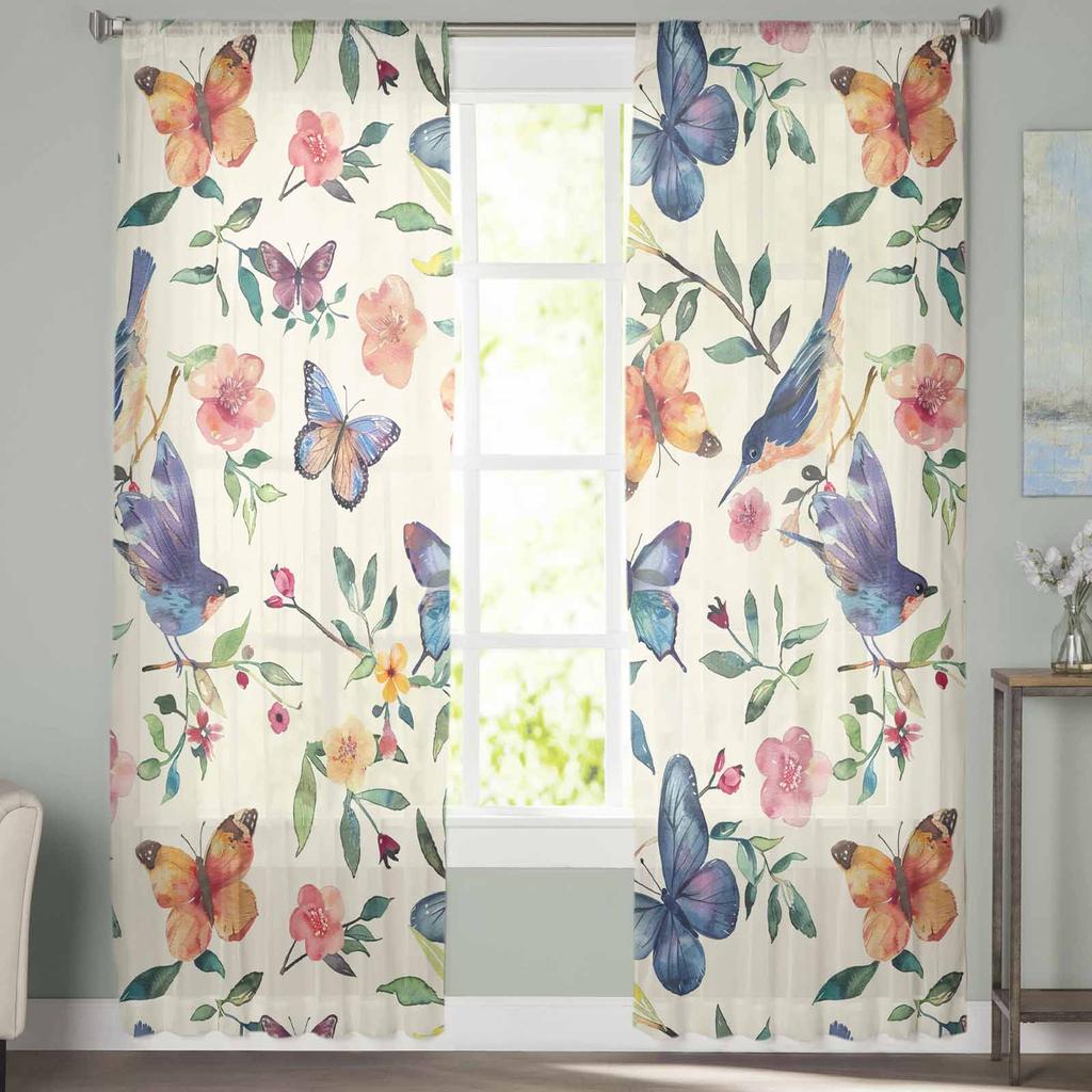 Flowers Birds Watercolors Leaves Sheer Curtains for Kids Bedroom Living Room Voile Window Curtains Tulle Drapes
