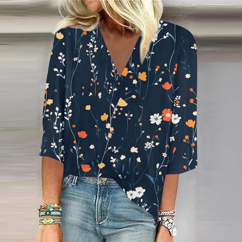 Women's Shirt Blouse Casual Loose Shirts 3/4 Sleeve Print V Neck Tops Print Tops T-shirts Tee