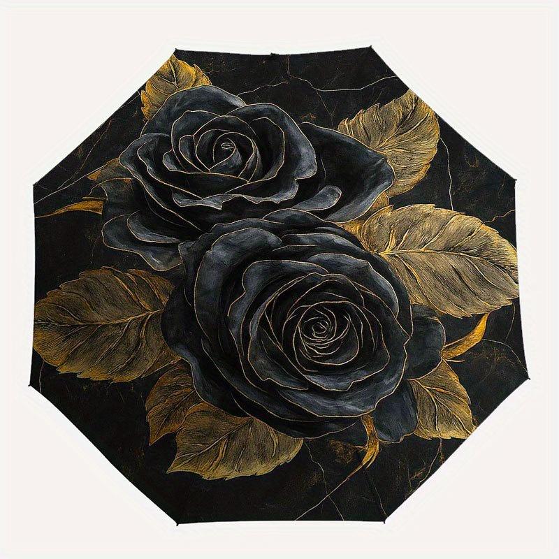 Black Rose Elegance: Unique Circular Wall Art Decor Umbrella, Portable 3-Fold Compact Umbrella for Men & Women R114