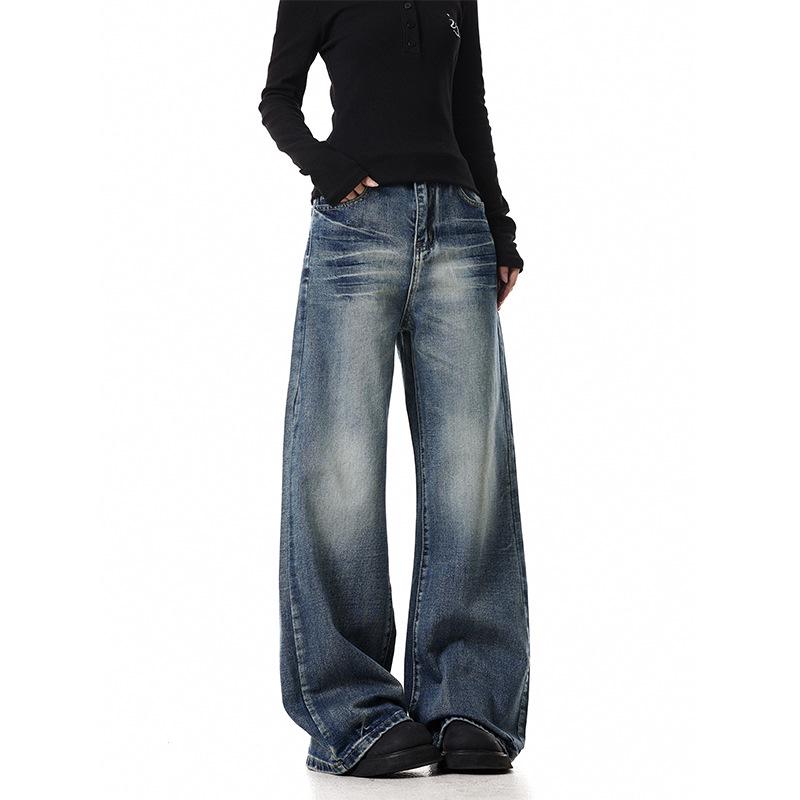 

Винтажные выстиранные джинсы унисекс прямого кроя микро-клеш в пол с потертостями S синий