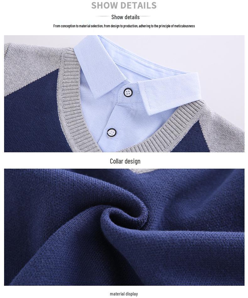 Jungen Strickpullover mit Fleecefutter: Dickes Fake-Zweiteiler-Design für Frühling/Herbst/Winter