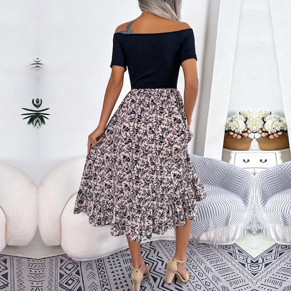 Kadın İlkbahar Yaz Omuz Açık Çiçek Fırfırlı Orta Uzun Elbise