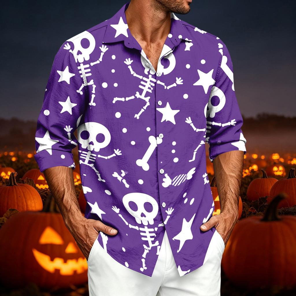 Men's Casual Long Sleeve Shirt with Halloween Print for Spring and Fall