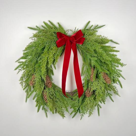 Yousheng 16 Inch Real Touch Norfolk Pine Christmas Wreath for Front Door Faux Cedar Greenery Wreath with Pine Cones And Bows for Wall Window Farmhouse