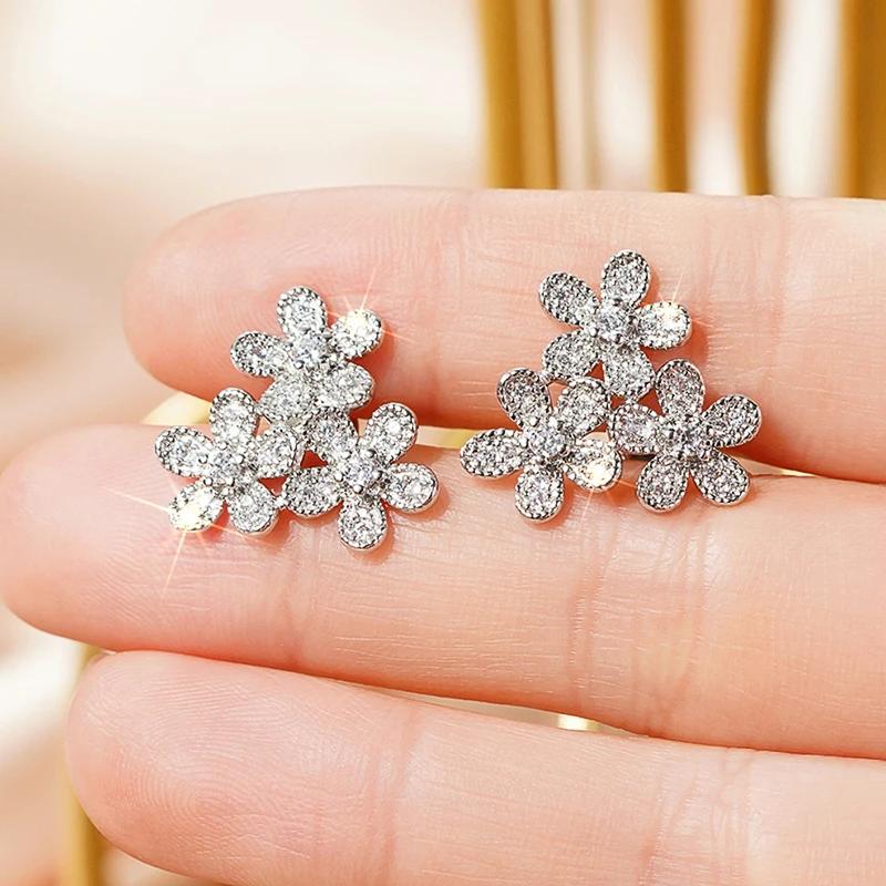 Huitan Beautiful Flowers Stud Earrings with Shiny Cubic Zirconia Graceful Exquisite Sweet Accessories Trendy Wedding Jewelry