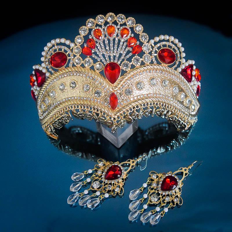 Ethnic Style Dance Luxury Pearl Gold Crown Hollow Design Bridal Wedding Decoration Alloy Crown Earrings