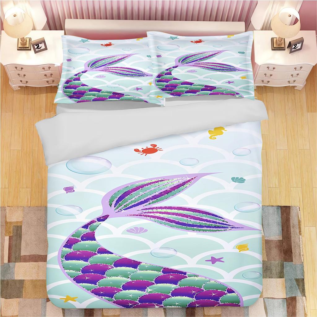 Mermaid Duvet Cover Cartoon Set Bedding, Cute Printed Cartoon Quilt Cover Comforter Sets Home Bedroom Decoration