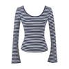 American Spicy Girl Striped Backless U-neck Long-sleeve Slim-fit T-shirt for Women's Autumn/Winter