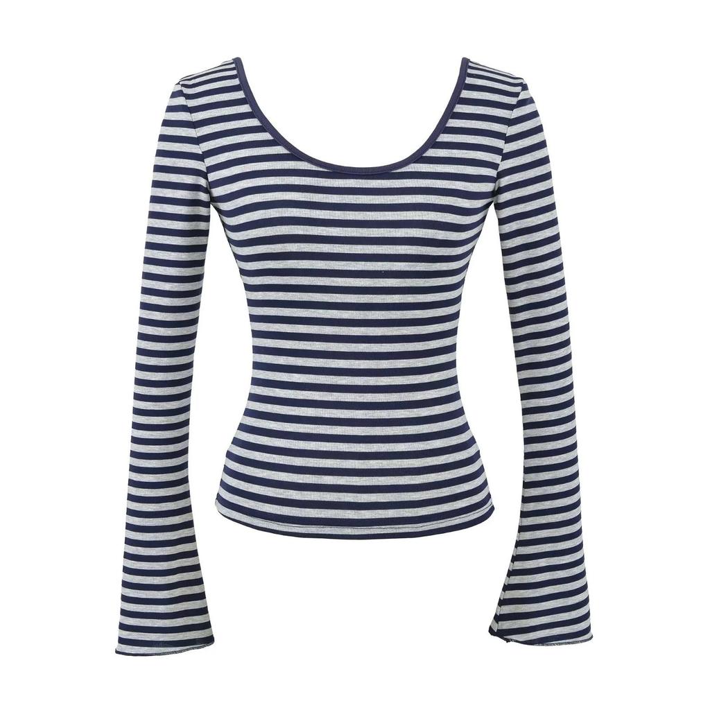 American Spicy Girl Striped Backless U-neck Long-sleeve Slim-fit T-shirt for Women's Autumn/Winter