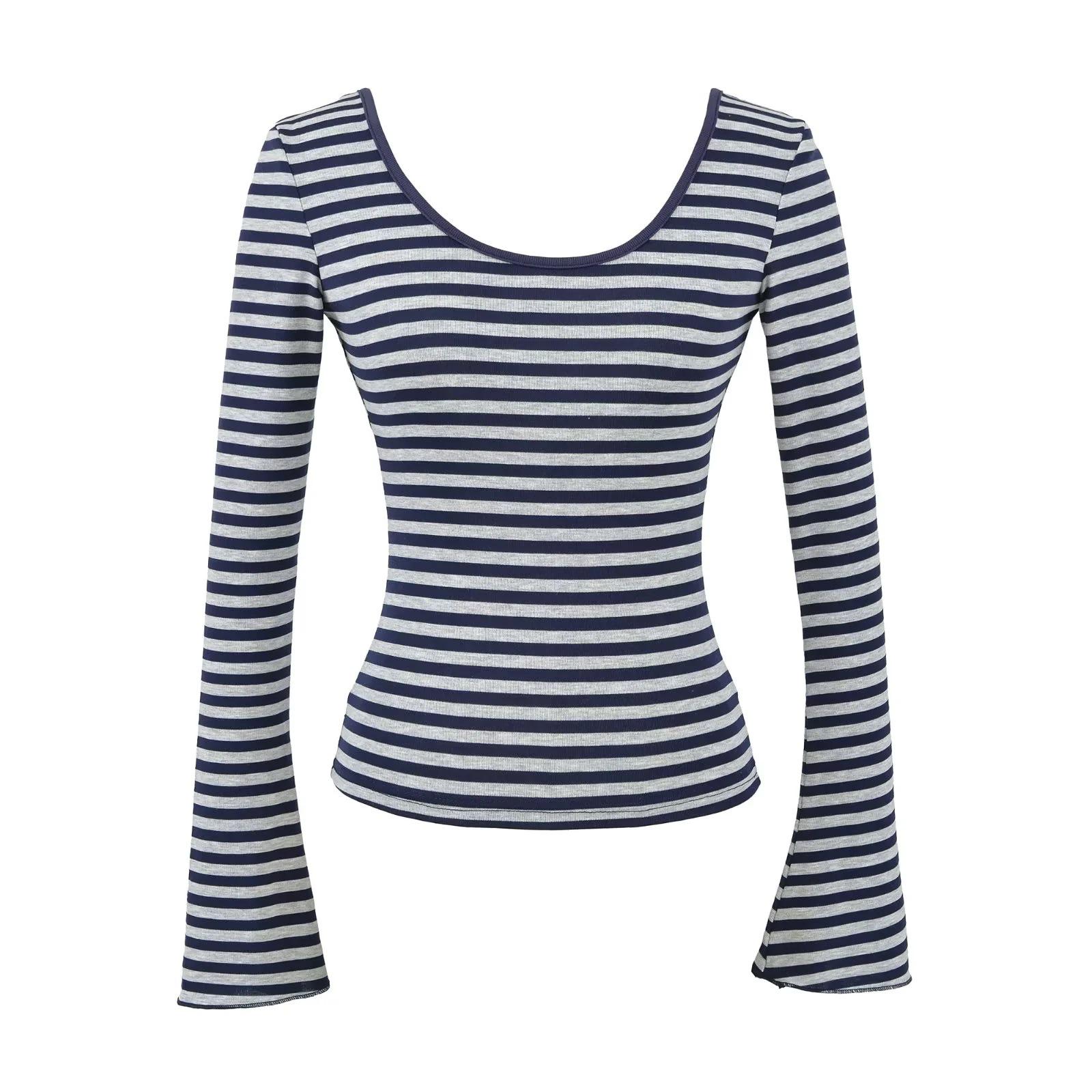 

American Spicy Girl Striped Backless U-neck Long-sleeve Slim-fit T-shirt for Women s Autumn/Winter Large темно-синього кольору