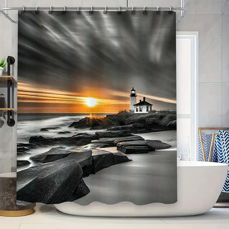 Sunset Lighthouse Shower Curtain Black Rock Ocean View Modern Design Waterproof Bathroom Decor Luxury White Bathtub Home Accesso 90x180cm