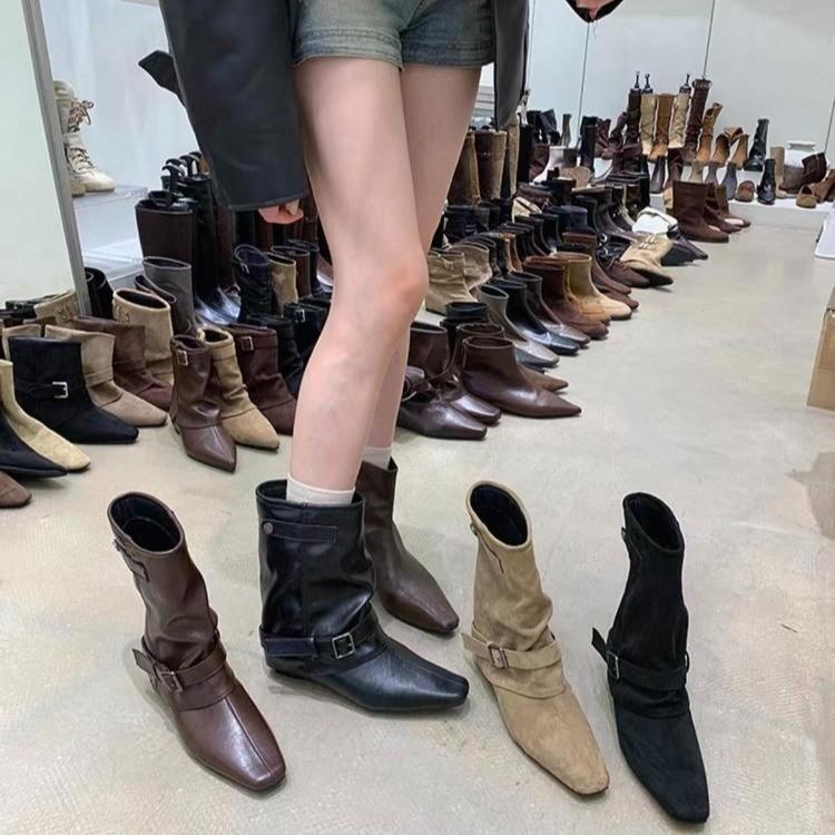 Vintage suede khaki short boots women's boots French boots autumn and winter niche design western pile boots knight boots