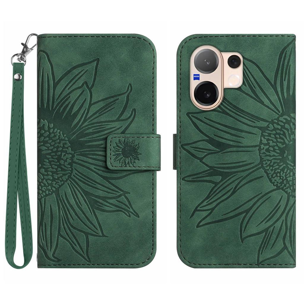 For Vivo V60 5G Case Sunflower Imprint Leather Wallet Phone Cover with Wrist Strap