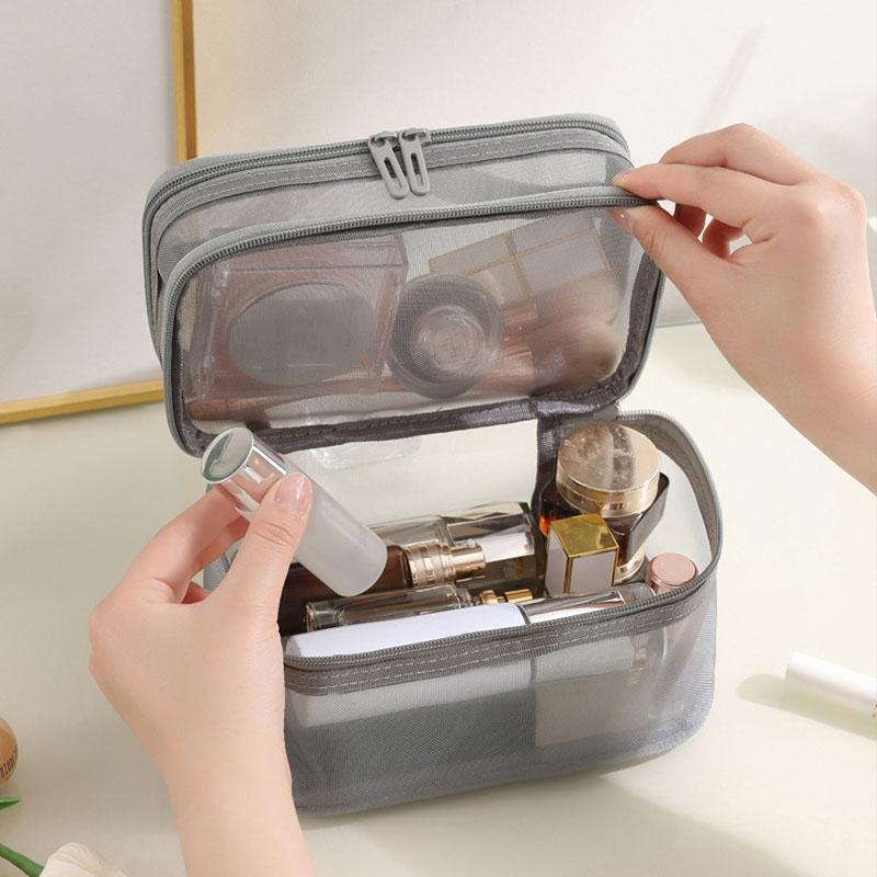 Double Layer Cosmetic Bag, Large Portable Mesh Travel Cosmetic Bag, with Double Zipper Makeup Brush Multifunctional Toiletry Bag