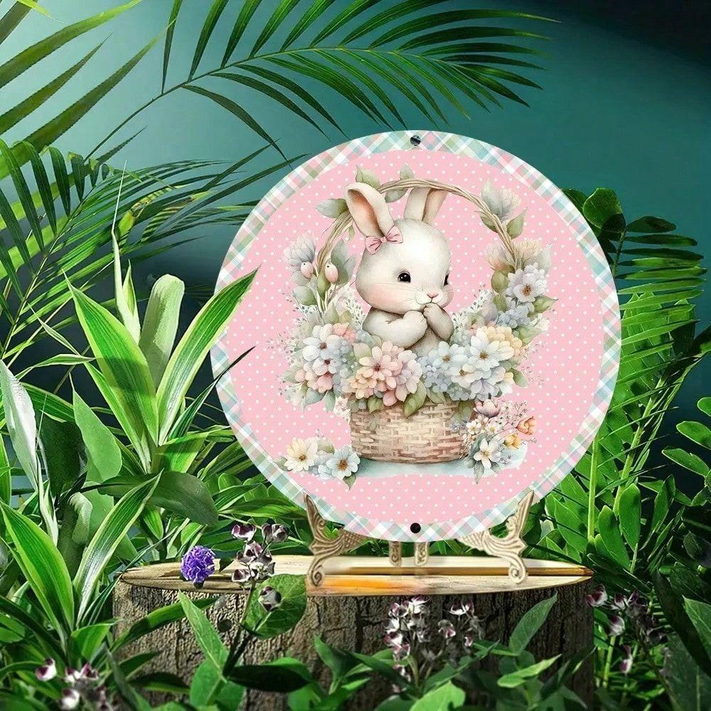 Vintage Metal Wall Art Bunny with Wreath Rustic Home Decor