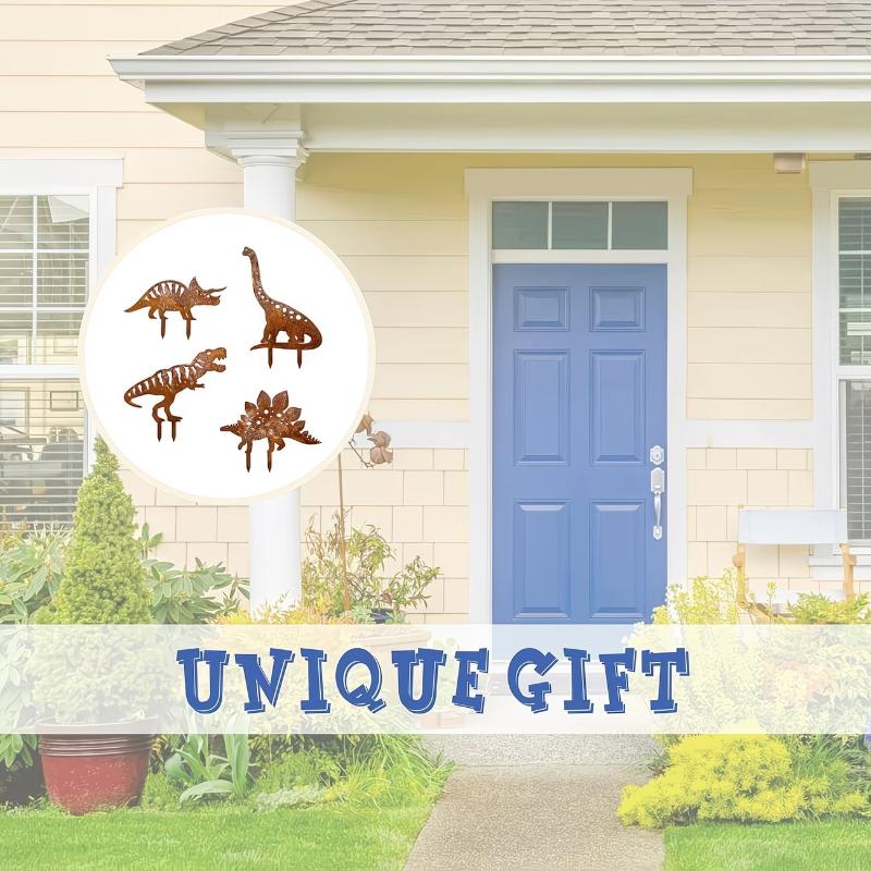 4Pcs Metal Rust Dinosaur Garden Stake Outdoor Garden Decor Ornament For Yard & Lawn Perfect Gift For Dinosaur Enthusiasts