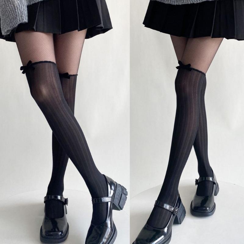 Women Contrast Sheer Mesh Splicing Pantyhose Fake Thigh High Stockings Elegant Ruffle Trim Bowknot Silk Tights Leggings