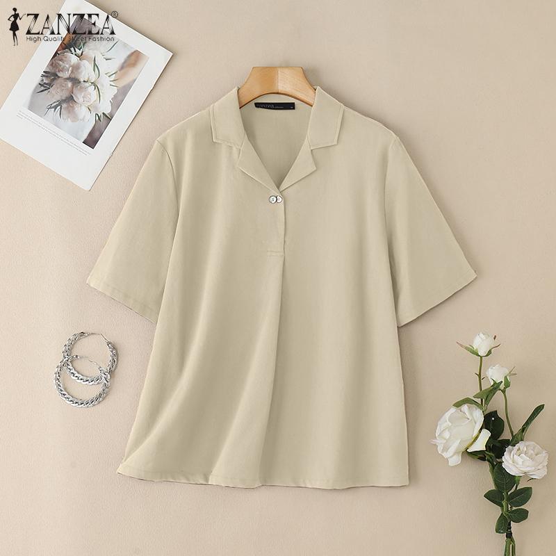 ZANZEA Damen Lässig Umlegekragen Locker Kurzarm Baumwollbluse