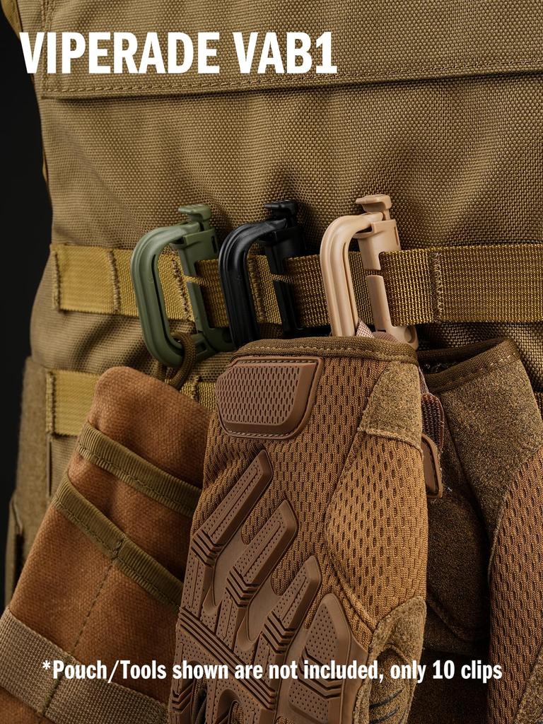 VIPERADE VAB1 Multipurpose with Molle Webbing Locks and Tactical Locking Carabiners for Molle Webbing Attachments on and Pouches 10-Pack D-Rings 1"