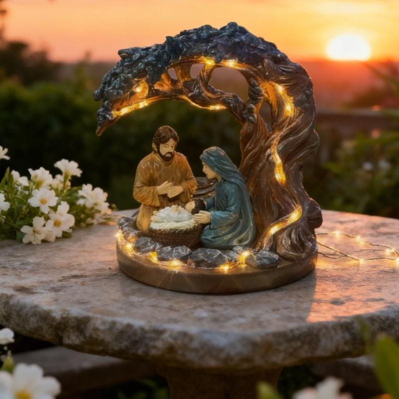 Sacred Nativity Scene Under Tree Resin Sculpture Decoration with LED Lighted for Christmas Home Tabletop Decors Ornament