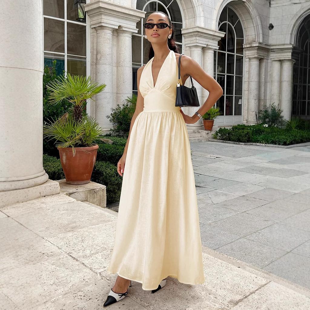 Pure cotton long dress, European, American spring and summer waist V-neck strap long dress, big swing dress women