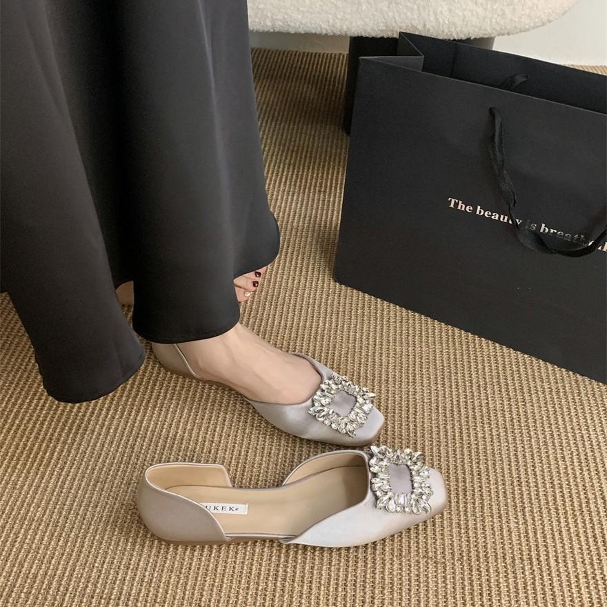 Shoes women's spring summer new low-heeled square buckle rhinestone French casual square head hollow flat bottom evening single shoes