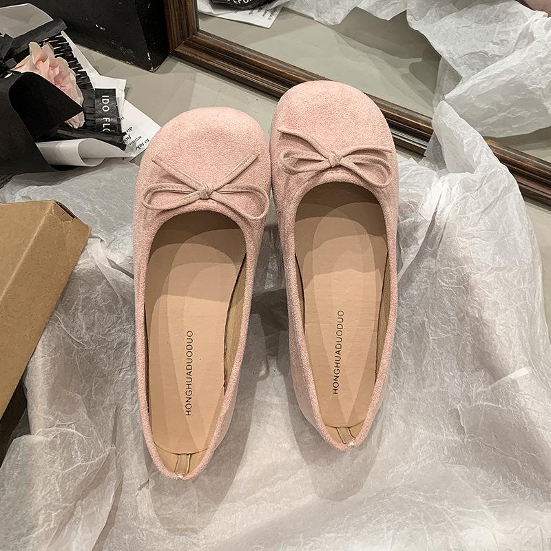 Französische Wildleder Schleife Ballerinas Frühling und Sommer neu sanfte Ein-Pedal weichgesichtige Damen Flats Tide