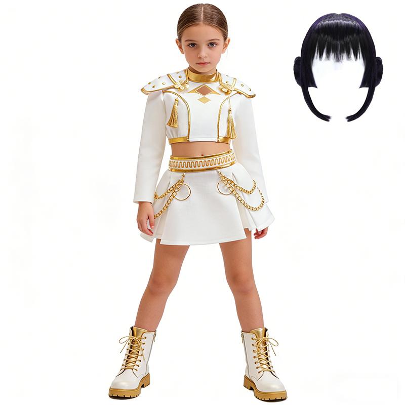 Kinder Idol Optreden Kostuum Wit Goud Schouder Top Ketting Rok Set Voor Podiumshow Halloween Carnaval Verkleedfeest 120 white