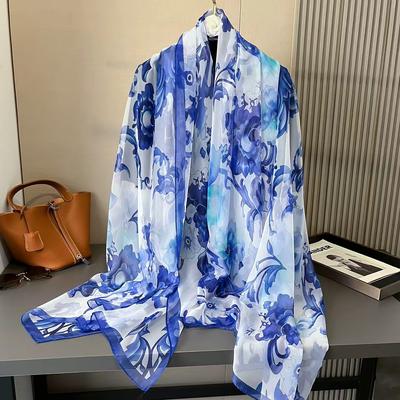 Neuer Sommer Schal aus emulierter Seide für Damen Blau-Weißes Porzellan bedruckt Atmungsaktiver Seidenschal Kopfwickel Dünner Gaze-Schal Mutterschal